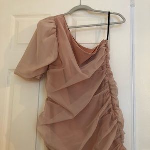 ASOS one shoulder, nude gauze dress.